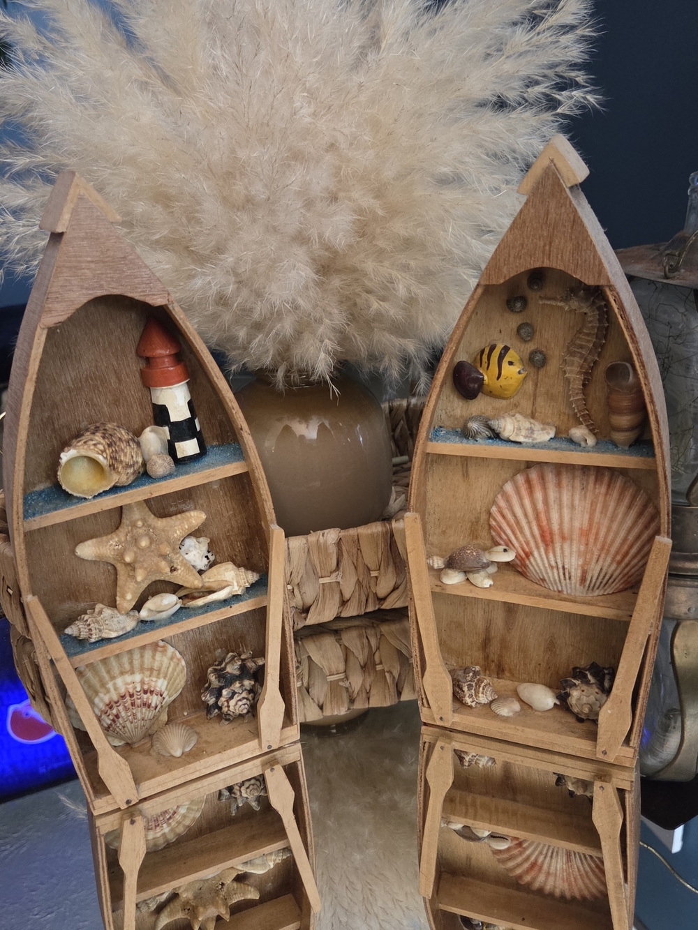 Vintage Nautical Boat Shadowbox Wall Decor Seashell Seahorse Pair